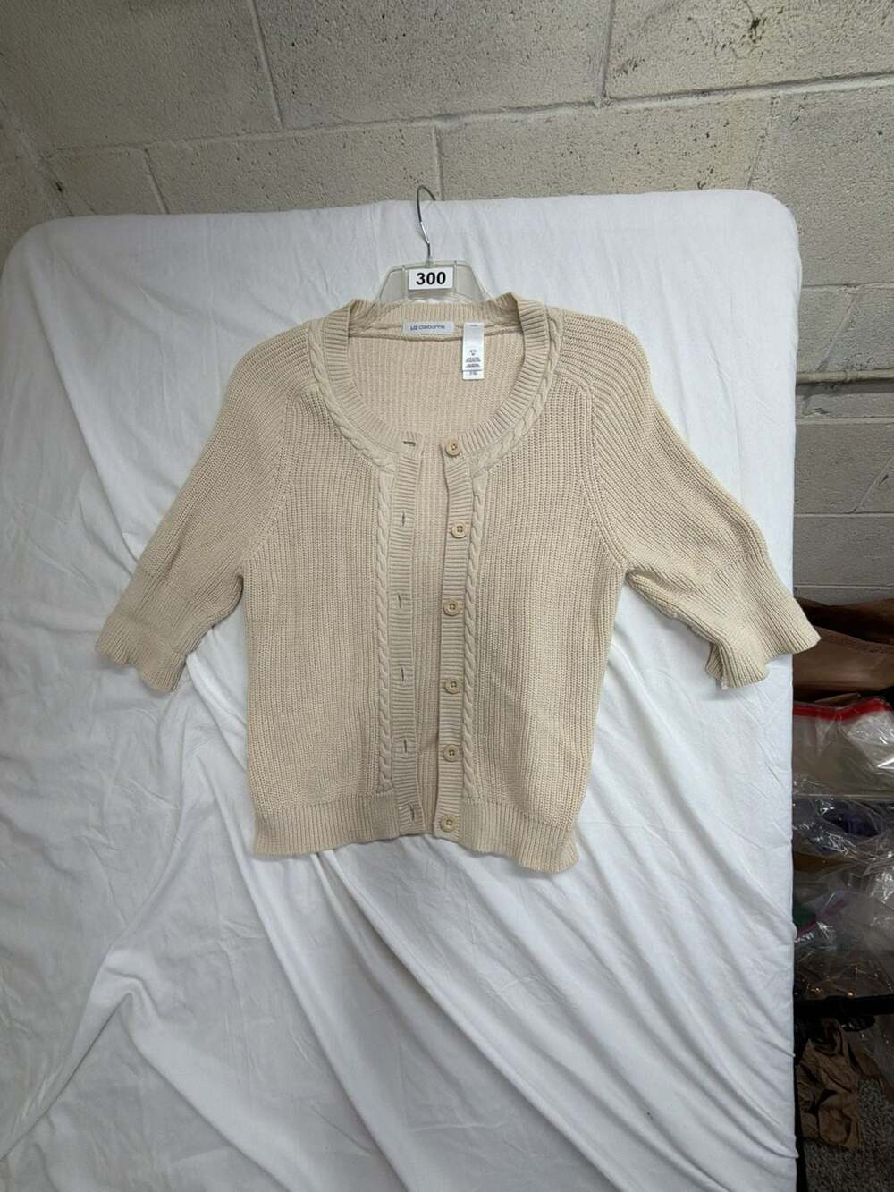 Liz Claiborne Cream Short Sleeve Cable Knit Button Down Cardigan Sweater